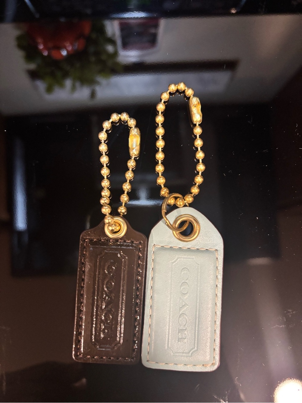 COACH Leather Tag Keychain - Pale Blue & Dark Brown (2) - Picture 2 of 3